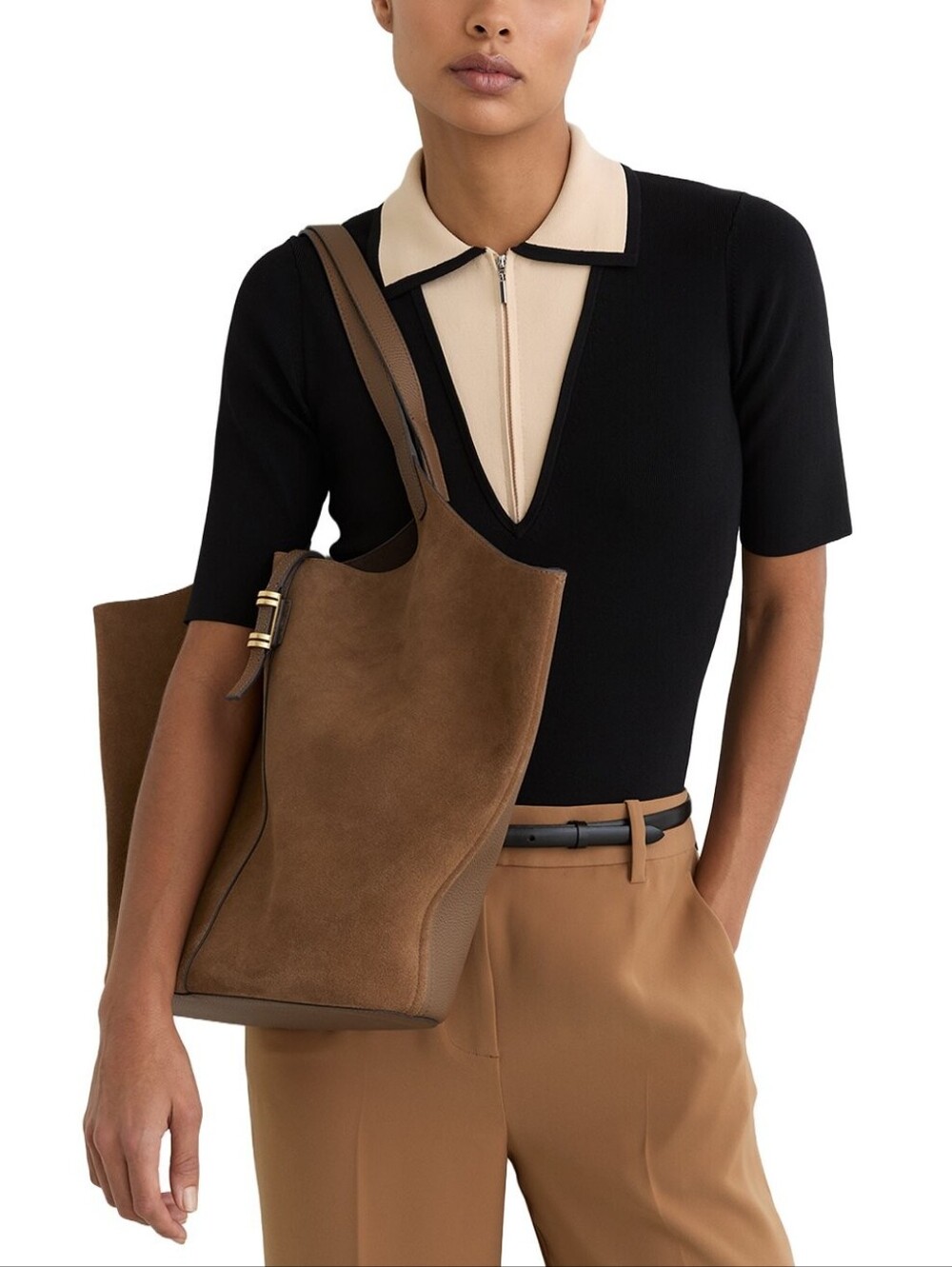 Reiss Lyra Leather Tote Brown Smooth Suede Tote Bag with Gold Hardware NWT - Picture 4 of 4